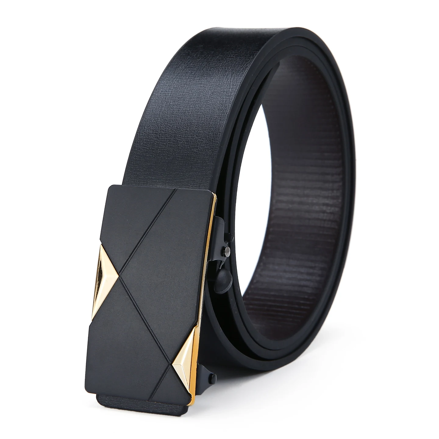 DHH7003 black smooth automatic PU belt with black-gold triangle buckle
