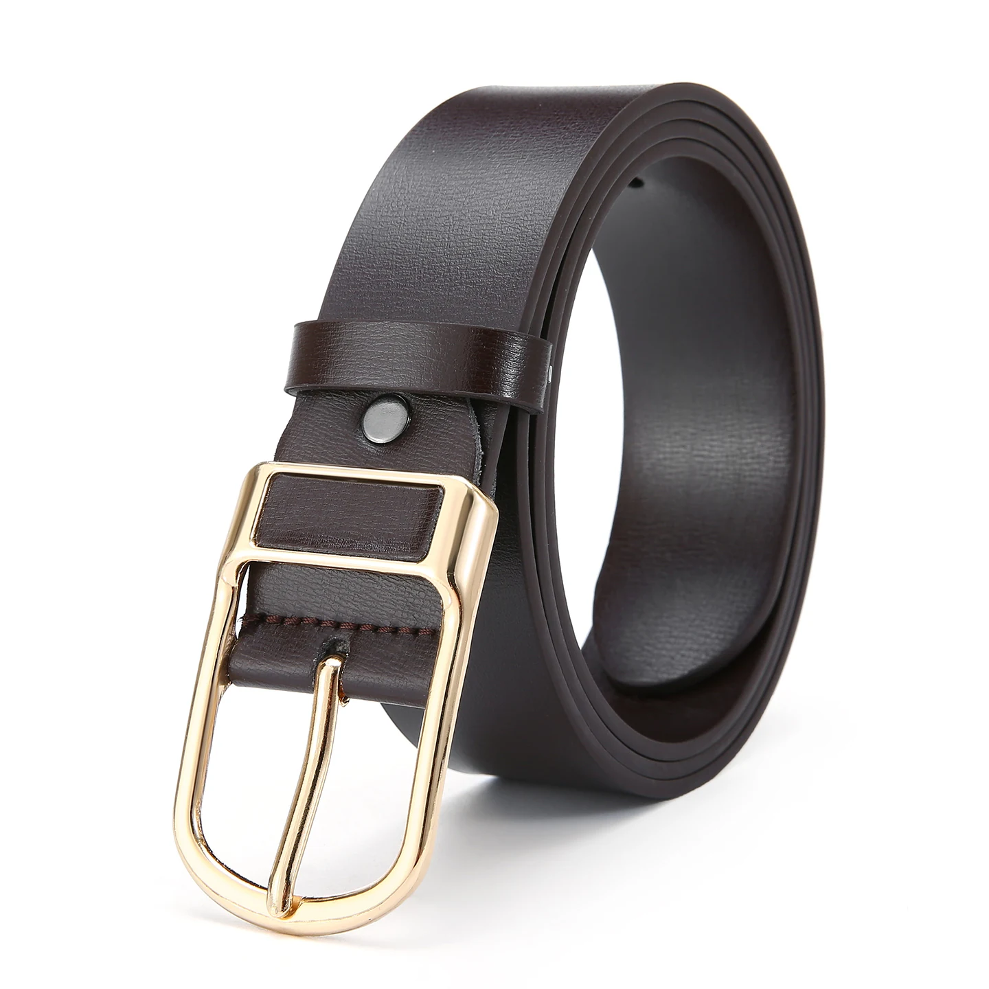 DJZ6007 brown smooth PU belt with gold buckle